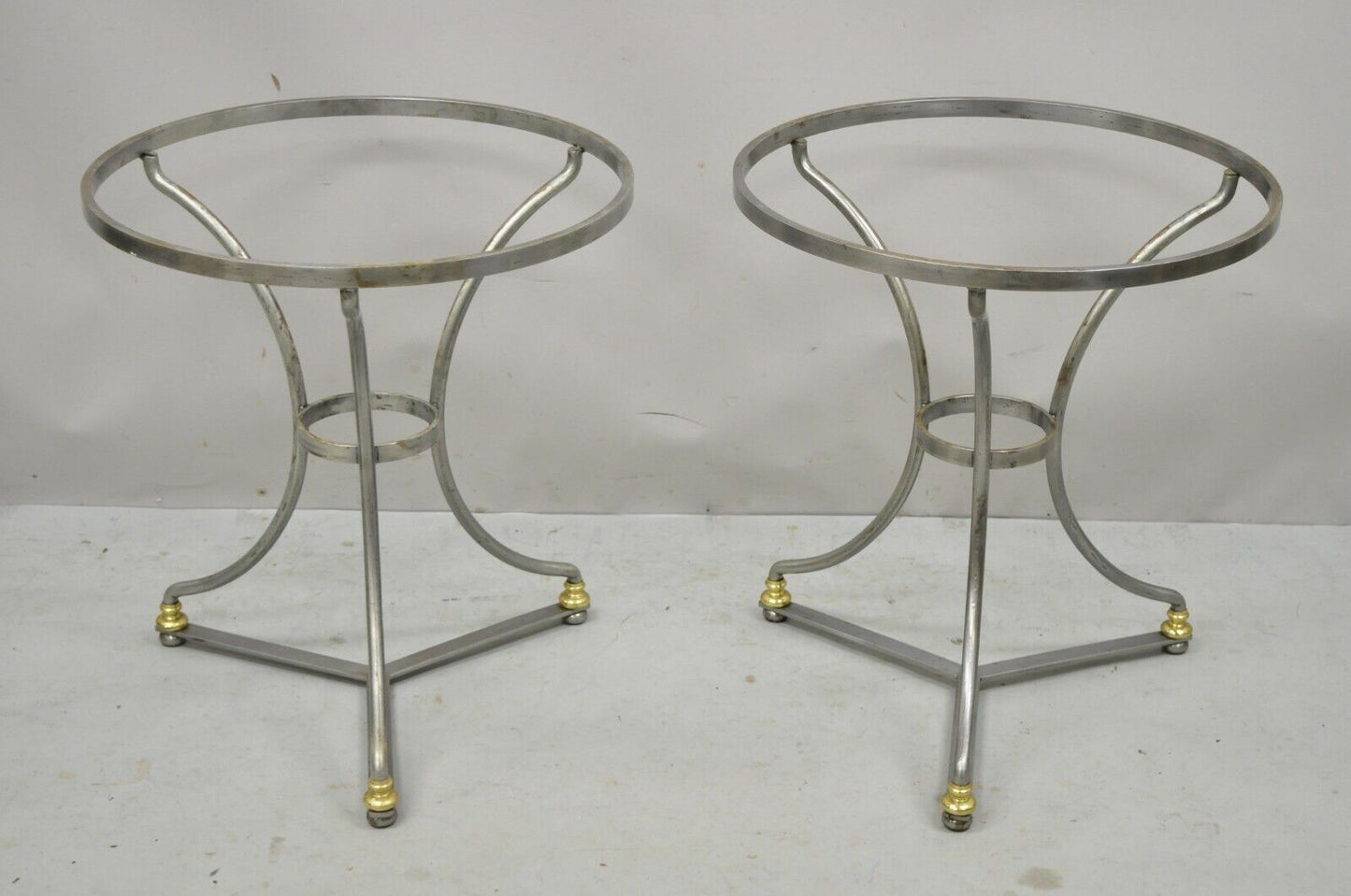 Italian Neoclassical Maison Jansen Brushed Steel Brass Round End Tables - a Pair