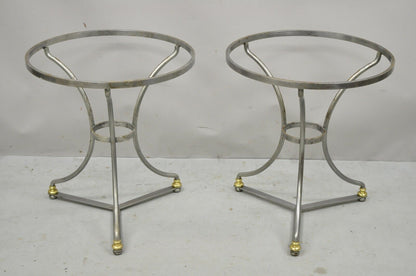 Italian Neoclassical Maison Jansen Brushed Steel Brass Round End Tables - a Pair