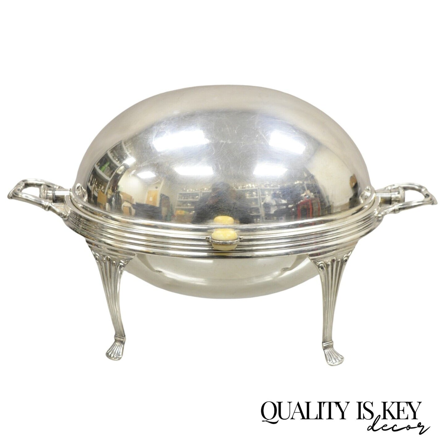 Antique Edwardian Silver Plated Revolving Dome Oval Chafing Dish Food Warmer