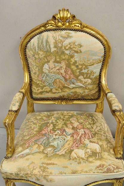 Vintage French Louis XV Style Gold Giltwood Tapestry Fabric Arm Chairs - a Pair