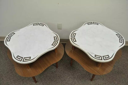 Vintage Hollywood Regency Greek Key Marble Faux Bamboo Wood End Tables - Pair