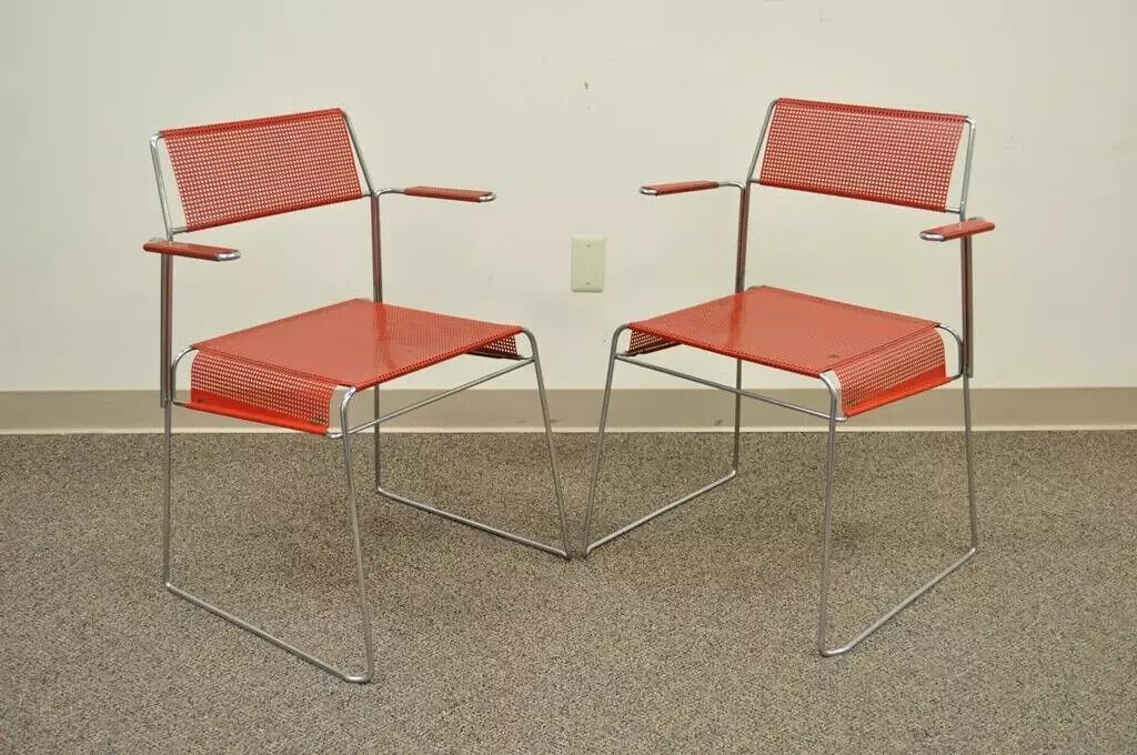 Vintage Tomado Mid Century Modern Red Stacking Chrome Metal Mesh Chairs A - Pair