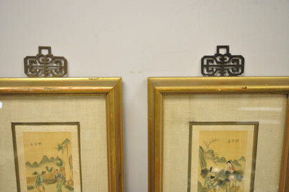 Vintage Asian Oriental Framed Prints with Narrow Gold Frames - a Pair