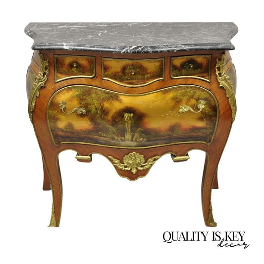 Vintage French Louis XV Style Marble Top Bombe Hand Painted Commode Chest