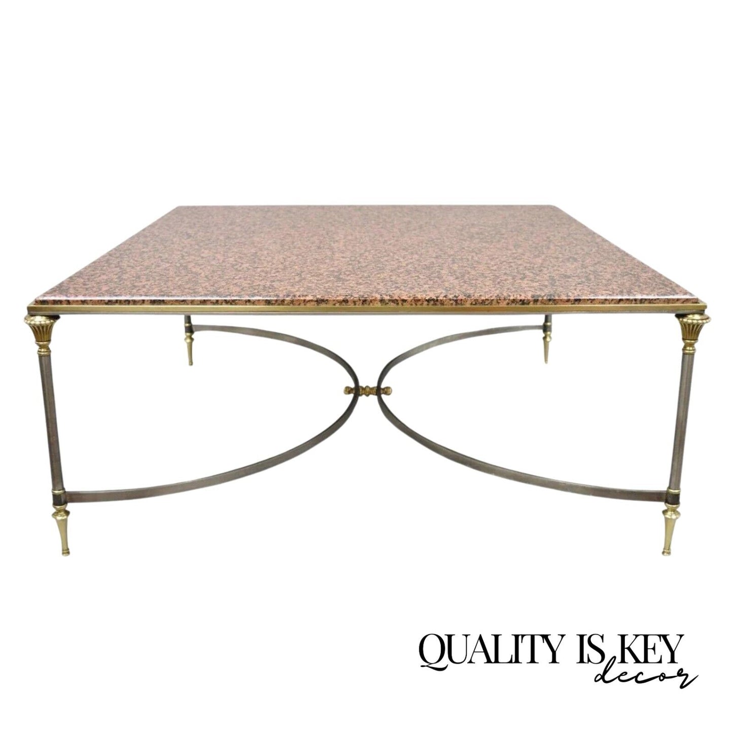 Italian Neoclassical Maison Jansen Style Steel & Brass Marble Top Coffee Table