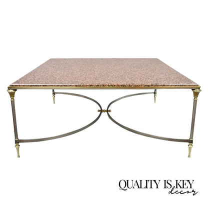 Italian Neoclassical Maison Jansen Style Steel & Brass Marble Top Coffee Table