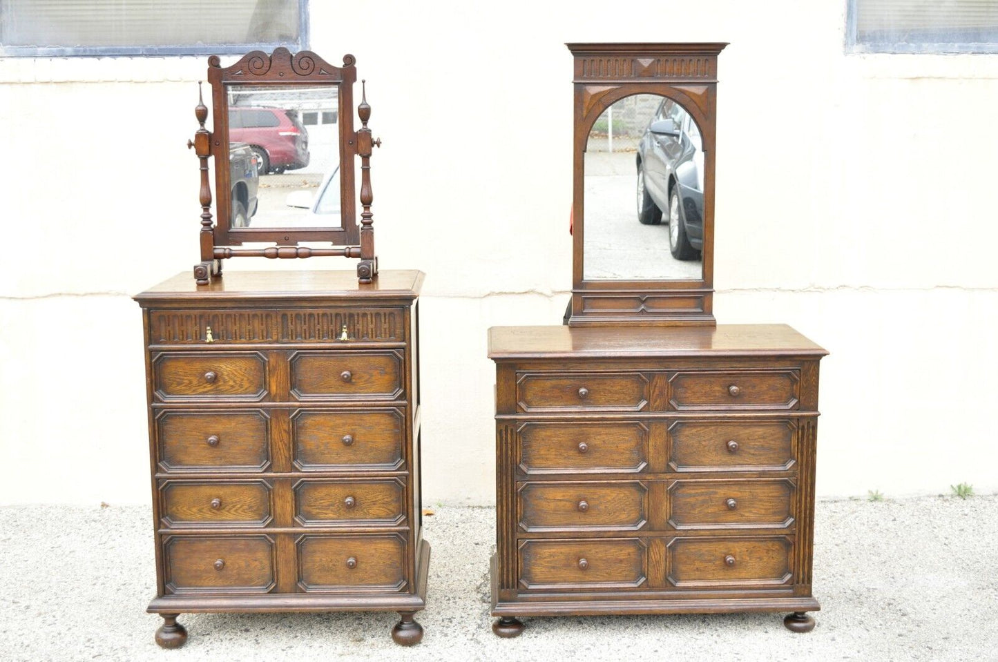 Antique Oak Jacobean Style Carved Wood Chest of Drawers Low Chest Dresser