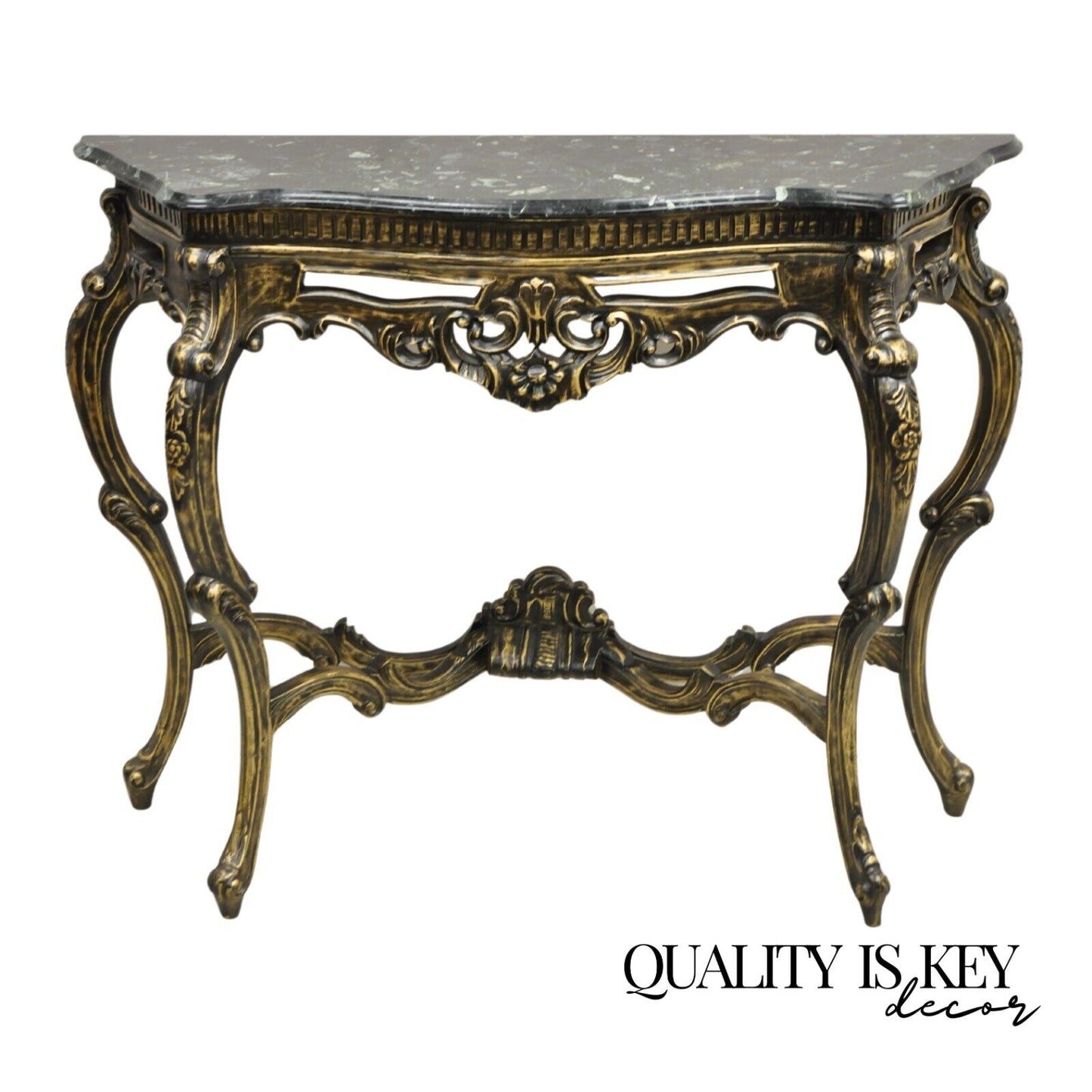 Reproduction French Baroque Style Marble Top Black & Gold Console Table