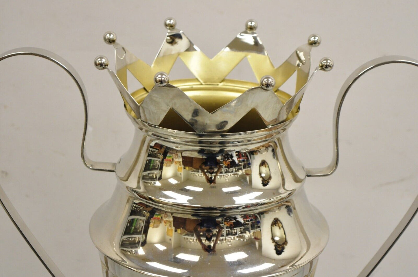 Large Modern Soccer Futbol Twin Handle Silver Metal Trophy Cup Award With Crown