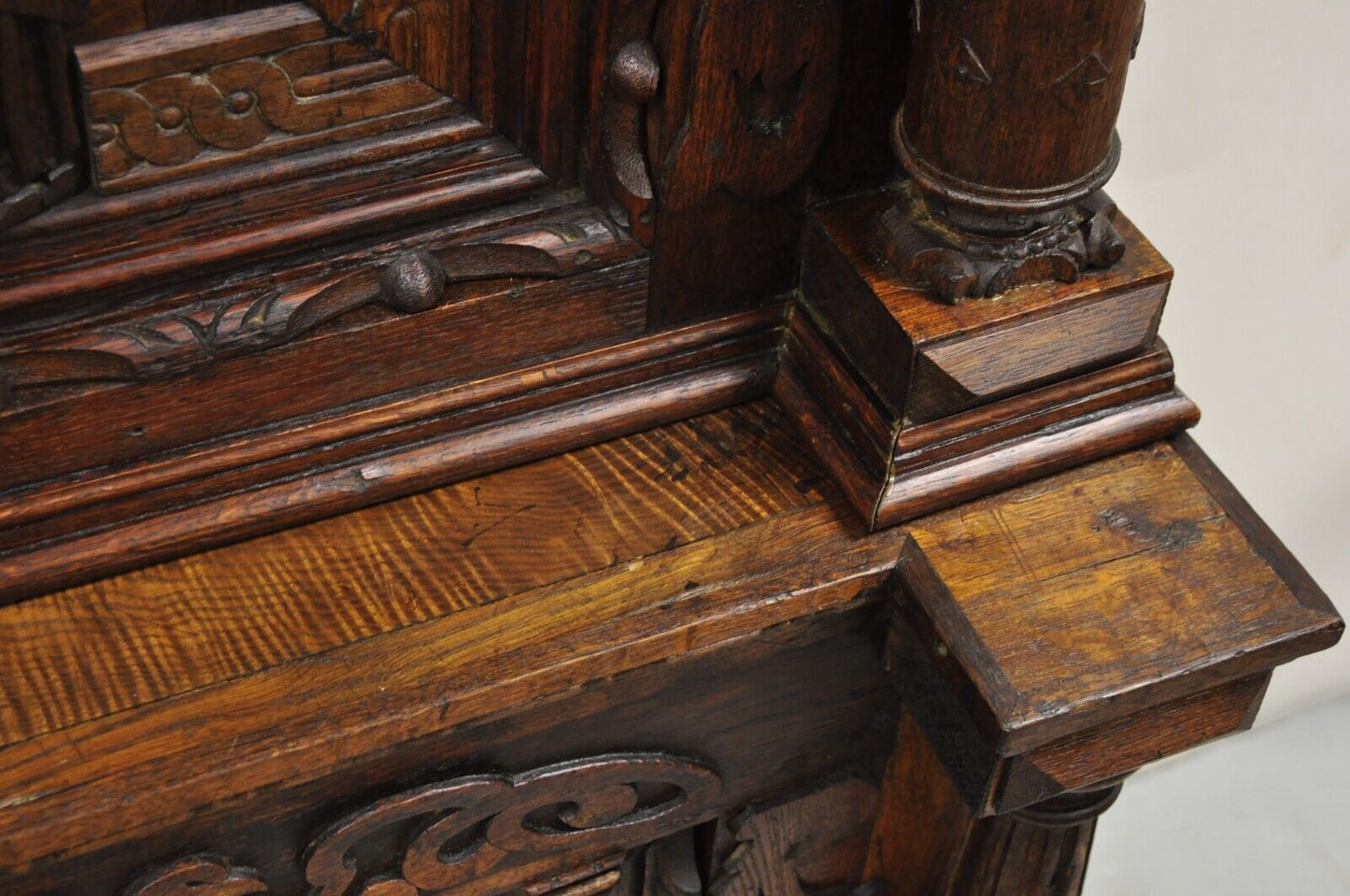 Antique Spanish Renaissance Figural Carved Oak Wood Religious Cupboard Cabinet