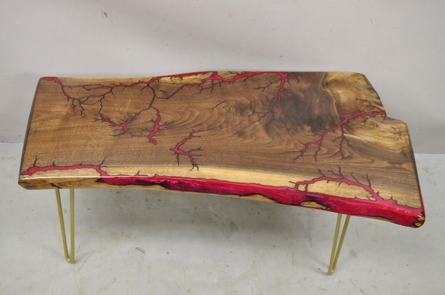 Live Edge Black Walnut Surfboard Coffee Table Red Resin Lacquer Hairpin Legs