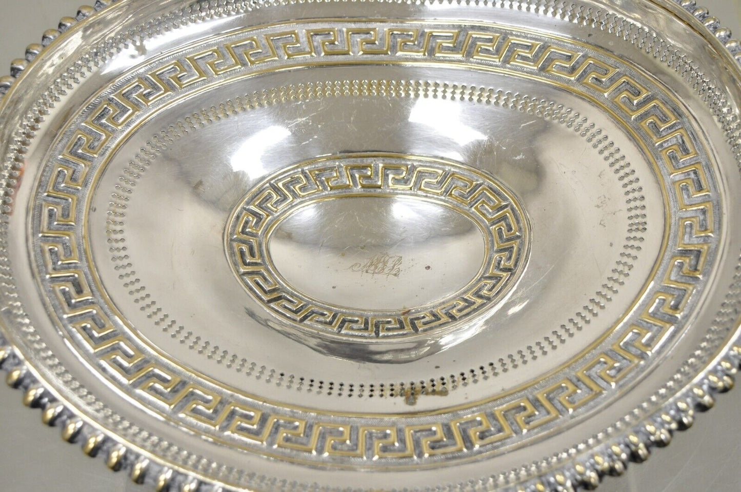 Antique English Regency Silver Plated Greek Key Cake Basket Serving Platter