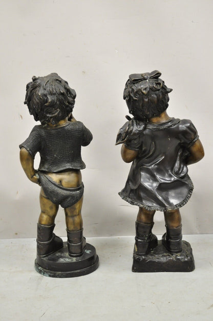 Cast Bronze Victorian Style 29" Little Boy and Girl Statue Figure - a Pair