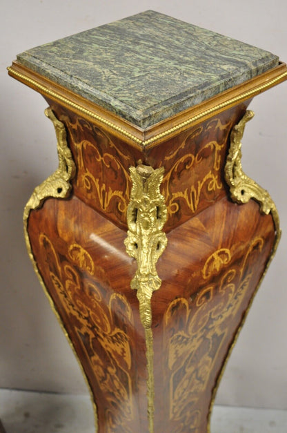 Vintage French Louis XV Style Marble Top Marquetry Inlay Bombe Pedestals a Pair