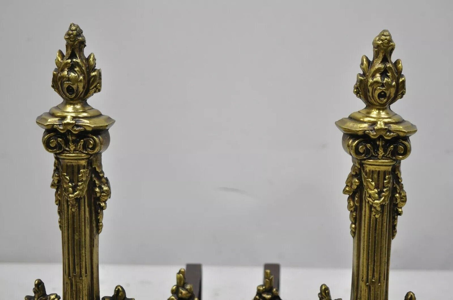 Vintage French Empire Brass Bronze Column Flame Finial Fireplace Andirons - Pair