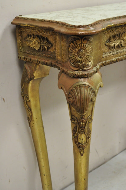 Vintage French Empire Style Distressed Gold Giltwood Hall Table Console