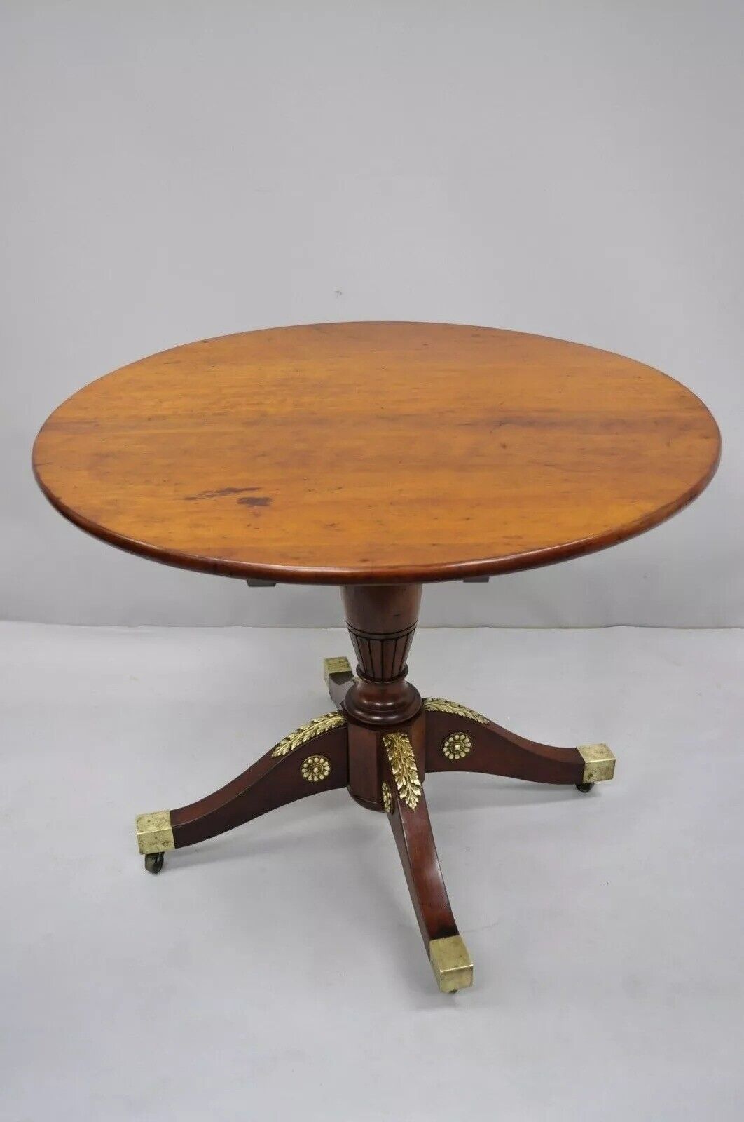 19th C. French Empire Style Round Mahogany Bronze Mount Tilt Top Center Table