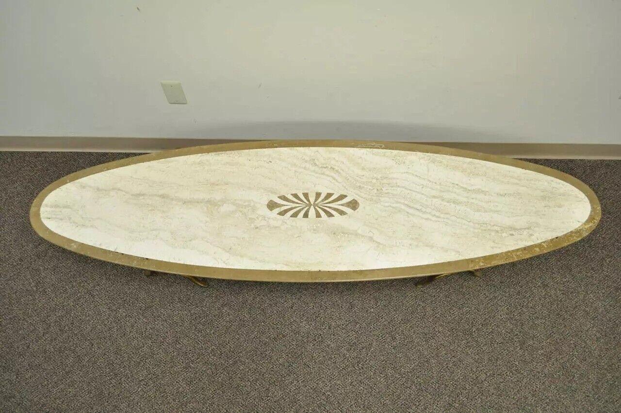 Italian Hollywood Regency Travertine & Brass Long Oval Surfboard Coffee Table