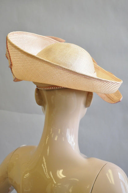 Vintage Jack McConnell Pink Iridescent Jewel Straw Flower Petal Church Derby Hat