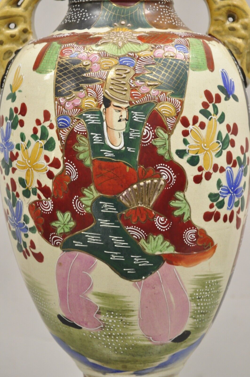 Vintage Japanese Hand Painted Ceramic Porcelain 24" Satsuma Vase with Warriors