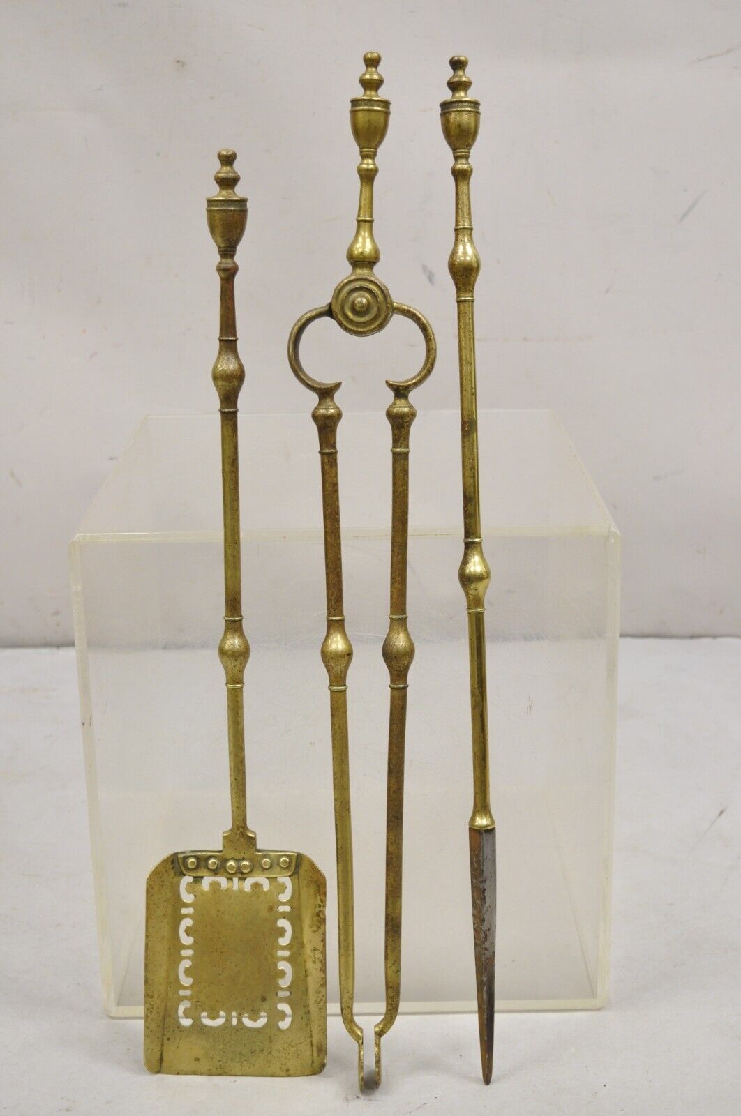 Antique English Federal Sheraton Brass Urn Finial Fireplace Tool Set (A) - 3 Pcs