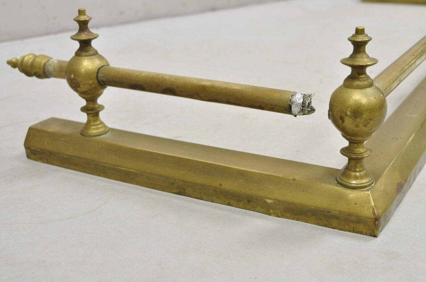 Antique Victorian Brass Finial and Cast Iron 48" Fireplace Fender Surround