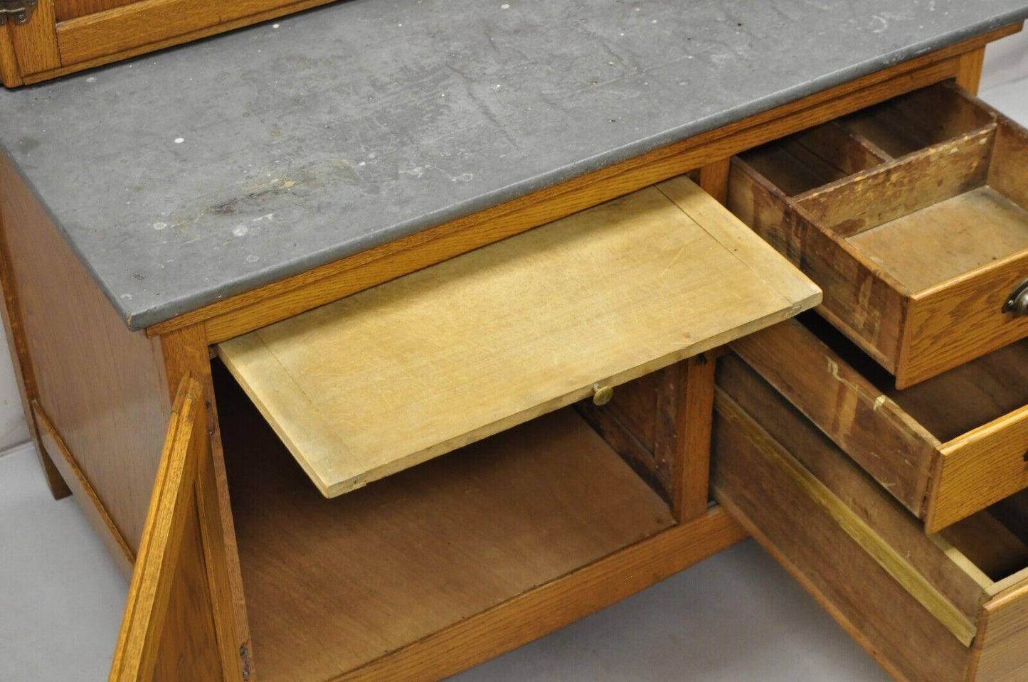 Antique Oak Wood Hoosier Style Cabinet Kitchen Cupboard with Pull Out Zinc Top