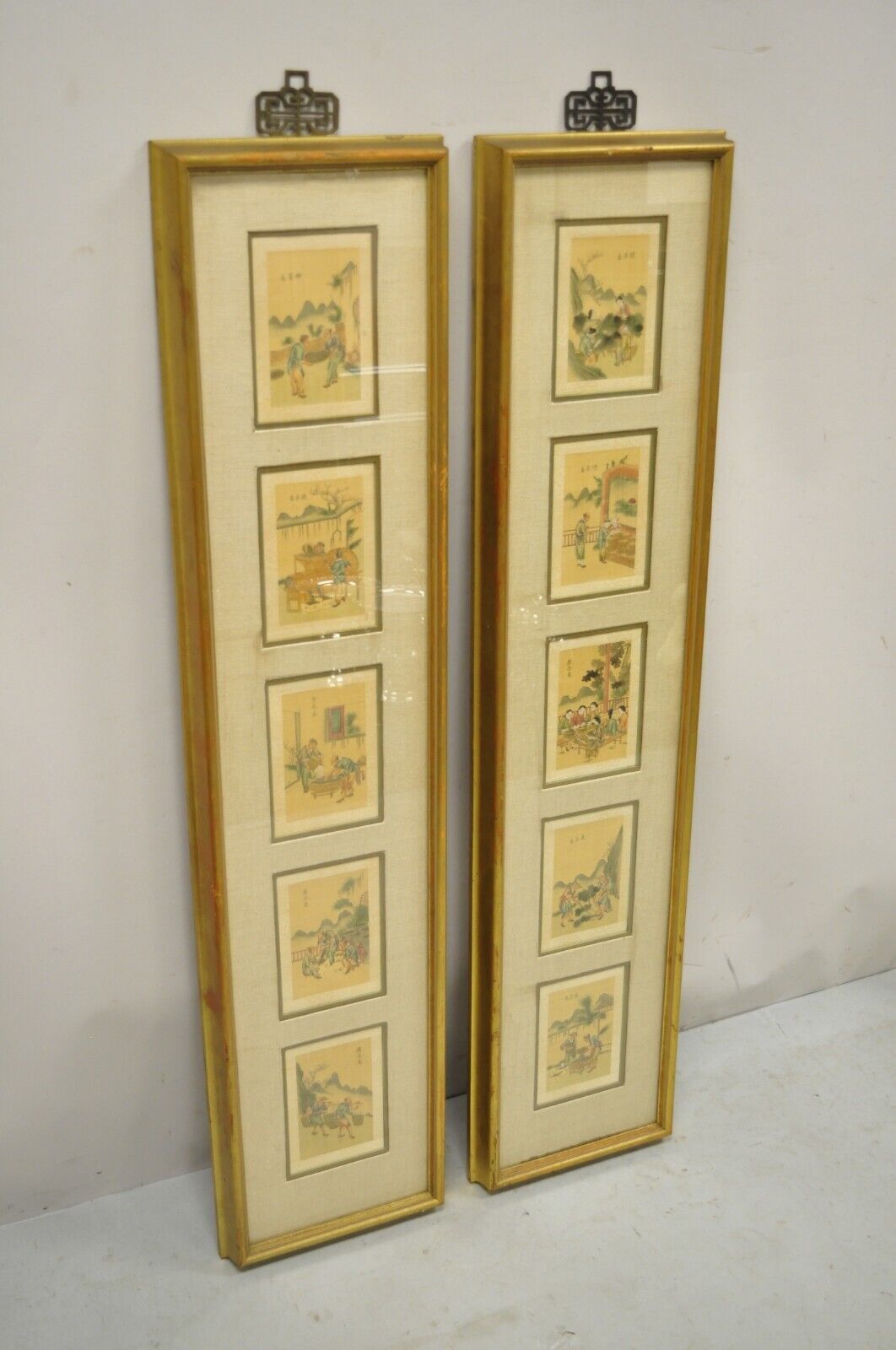 Vintage Asian Oriental Framed Prints with Narrow Gold Frames - a Pair