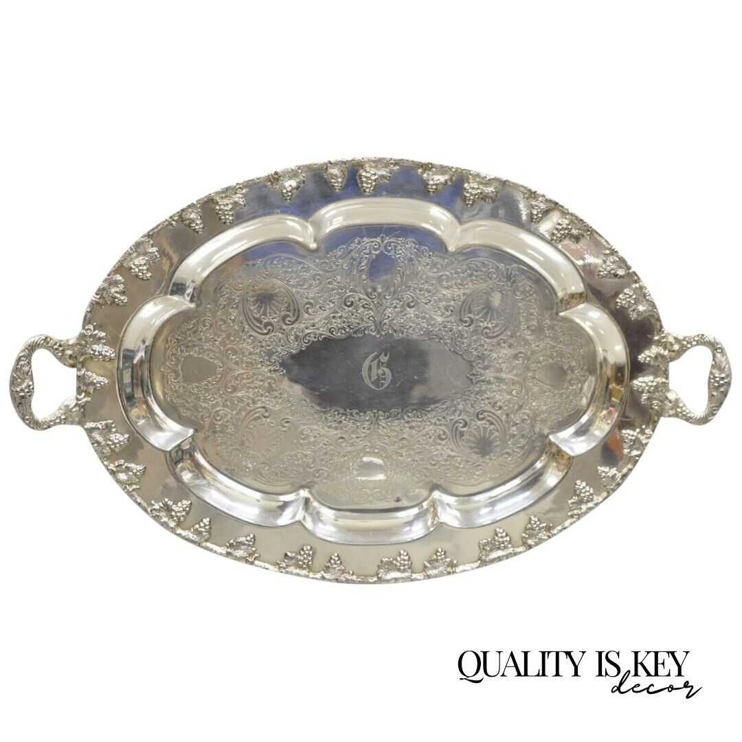 English Victorian Regency Silver Plate Oval Grapevine Platter Tray with Monogram