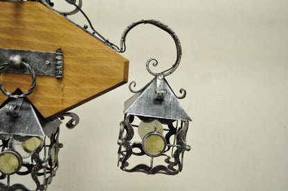 Vintage Arts & Crafts Gothic Style Wood Wrought Iron 3 Light Lantern Chandelier