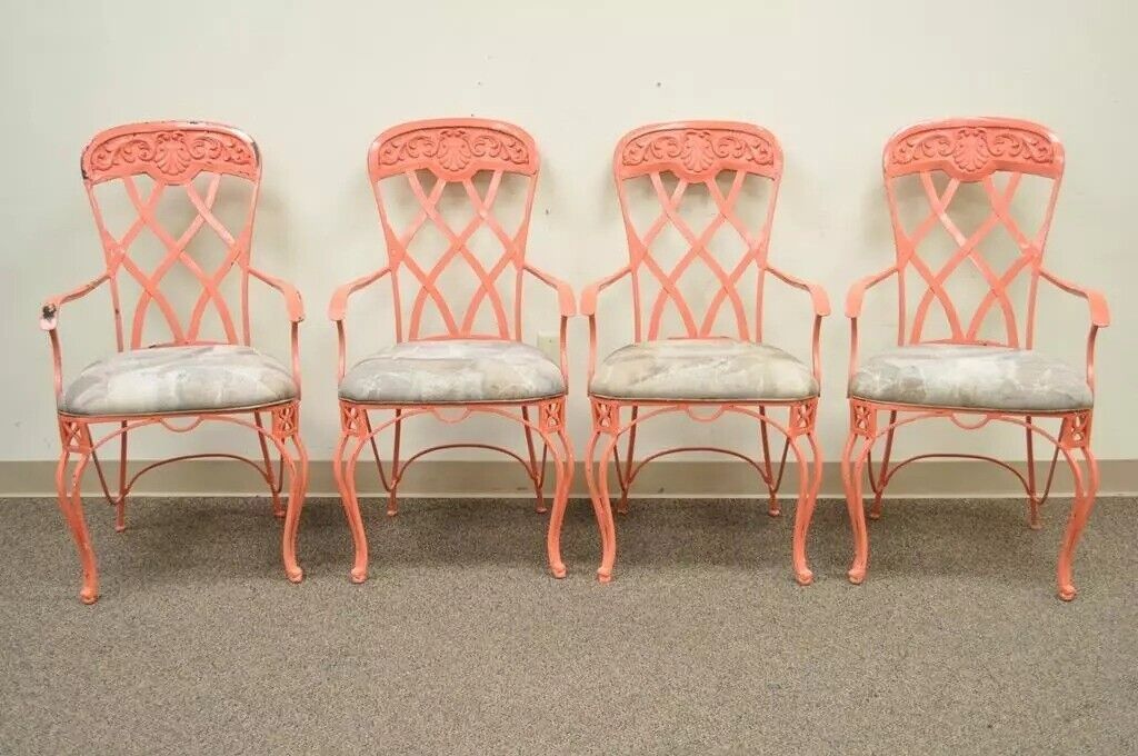 Vintage Hollywood Regency Wrought Iron Shell Sunroom Dining Arm Chair - Set of 4