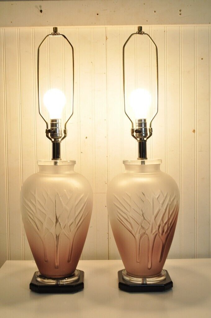 Vintage Mid Century Modern Frosted Purple Glass & Lucite Table Lamps - a Pair