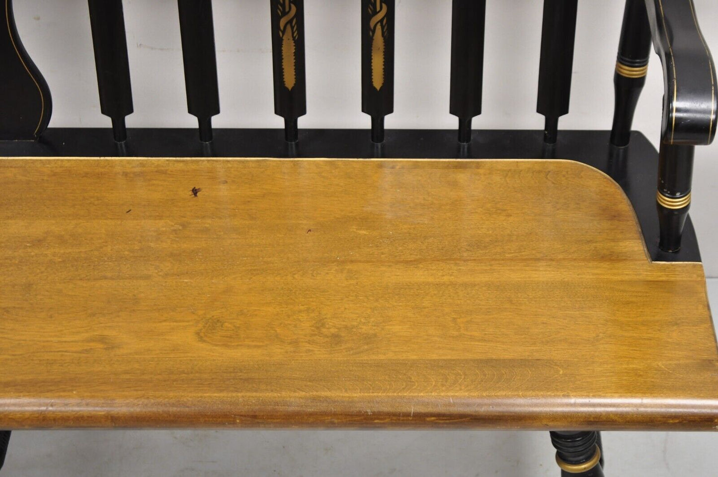 Vintage Hitchcock Style Maple Wood 6 Leg Colonial Black Stencil Windsor Bench