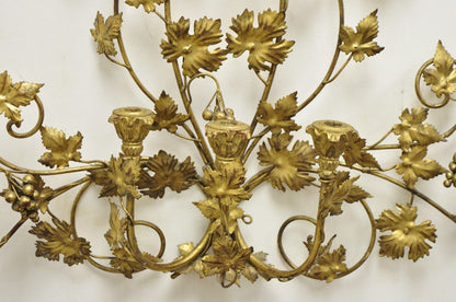 Vintage Italian Hollywood Regency Gold Iron Tole Leafy 3 Candelabra Wall Sconce