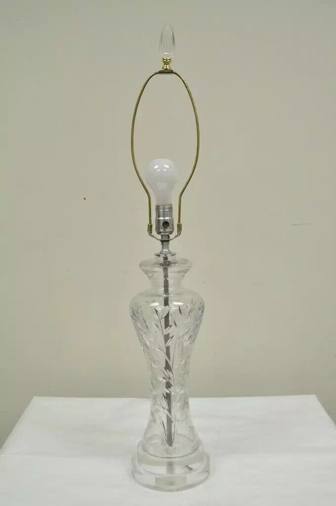 Vintage Waterford Crystal & Lucite Clear Etched Shaped Glass Table Lamp