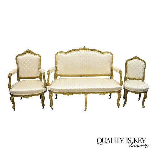 19th C. French Louis XV Style Gold Giltwood Parlor Salon Sofa Suite - Set of 3