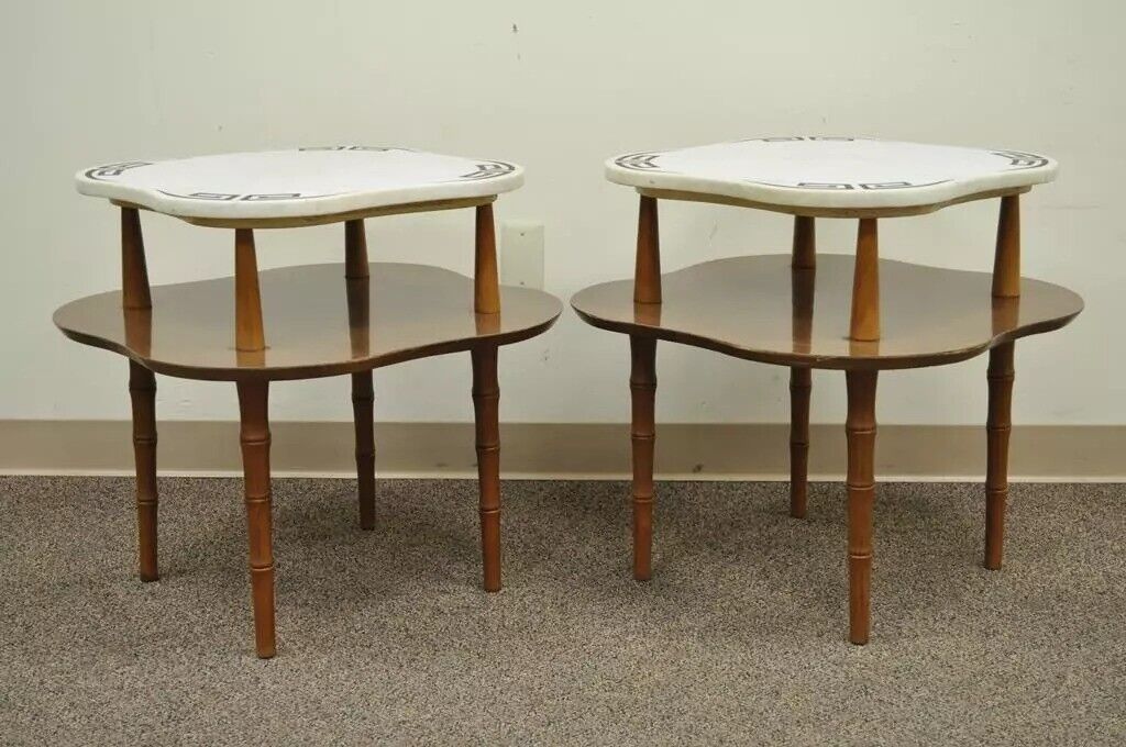 Vintage Hollywood Regency Greek Key Marble Faux Bamboo Wood End Tables - Pair