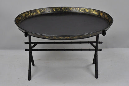 19th C. English Victorian Leather Tole Tray Coffee Table on Faux Bamboo Base