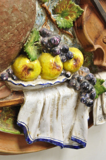 Vintage Italian Regency Style Glazed Terracotta Fruit & Violin Wall Art Plaque