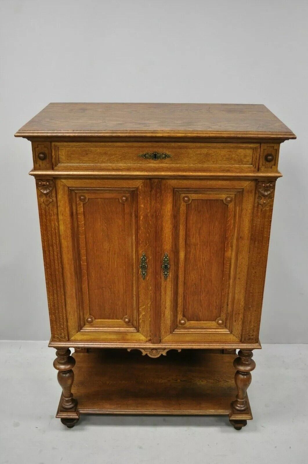 Antique French Renaissance Golden Oak Wood Small Cupboard China Cabinet