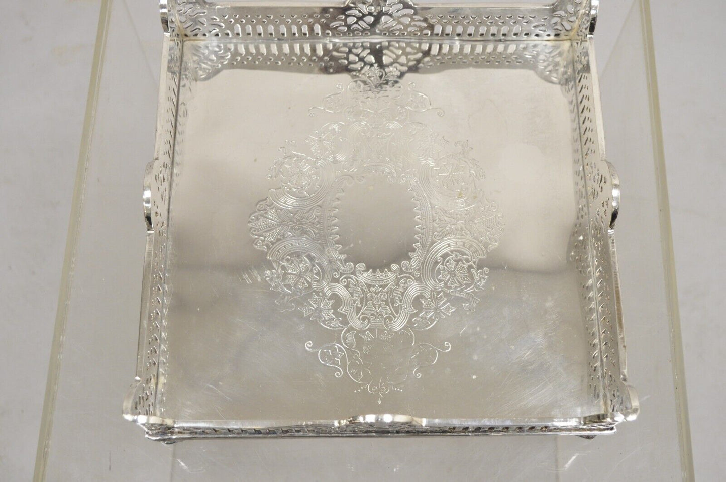 Vintage Victorian Style Silver Plated Raised Pierced Gallery Square Tray