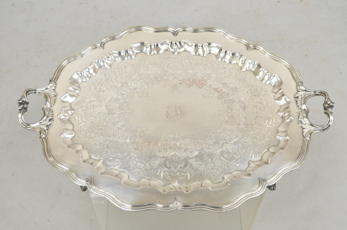 Victorian English Sheffield Silver Plated Oval Scalloped Serving Platter Tray