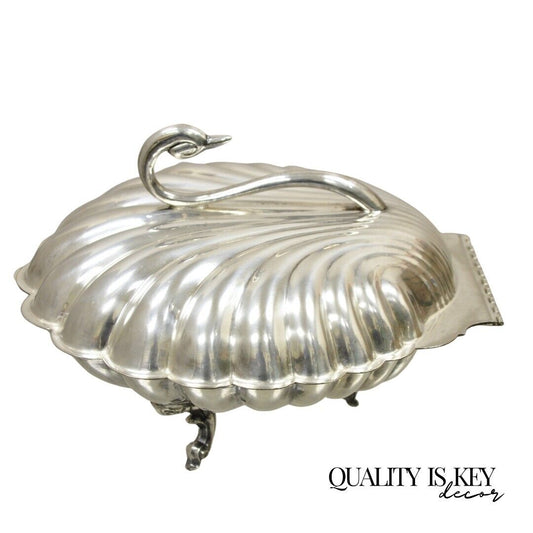 Leonard Silverplate Clam Shell Form Silver Plated Hinged Warmer with Swan Handle