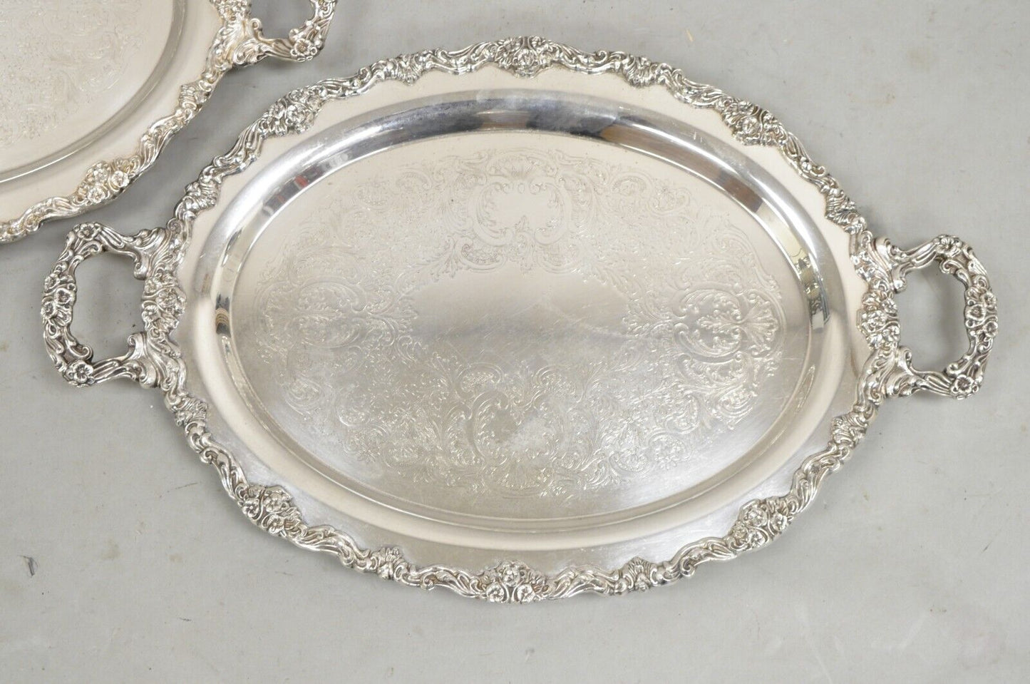 Vintage Sheridan Victorian Floral Repousse Silver Plated Oval Tray - a Pair