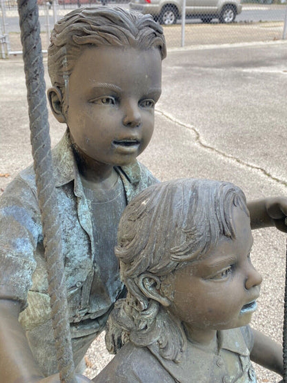 Bronze Boy and Girl Children Swinging Garden Outdoor Statue Sculpture