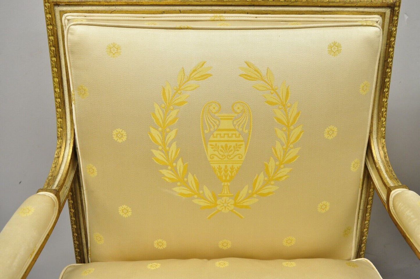 Pair French Louis XVI Neoclassical Gold Silk Fauteuil Parcel Gilt Arm Chairs