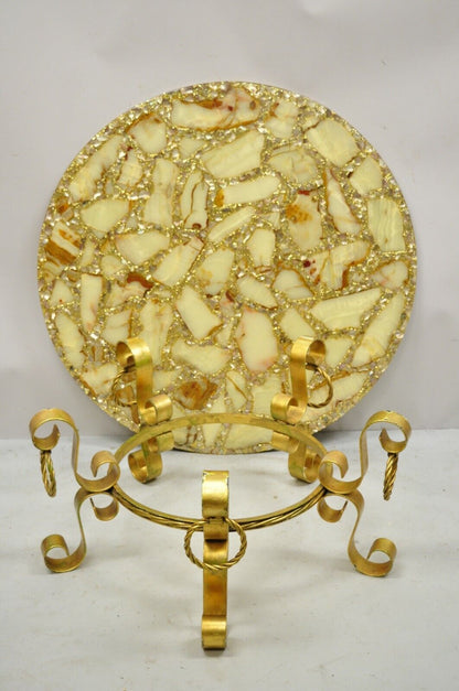 Hollywood Regency Gold Iron Scroll Agate Stone Specimen Resin Top Coffee Table