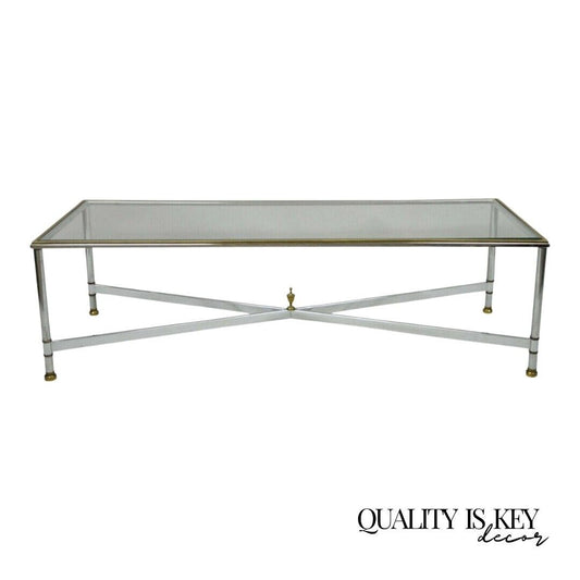 French Neoclassical Maison Jansen Style Steel & Brass Rectangular Coffee Table