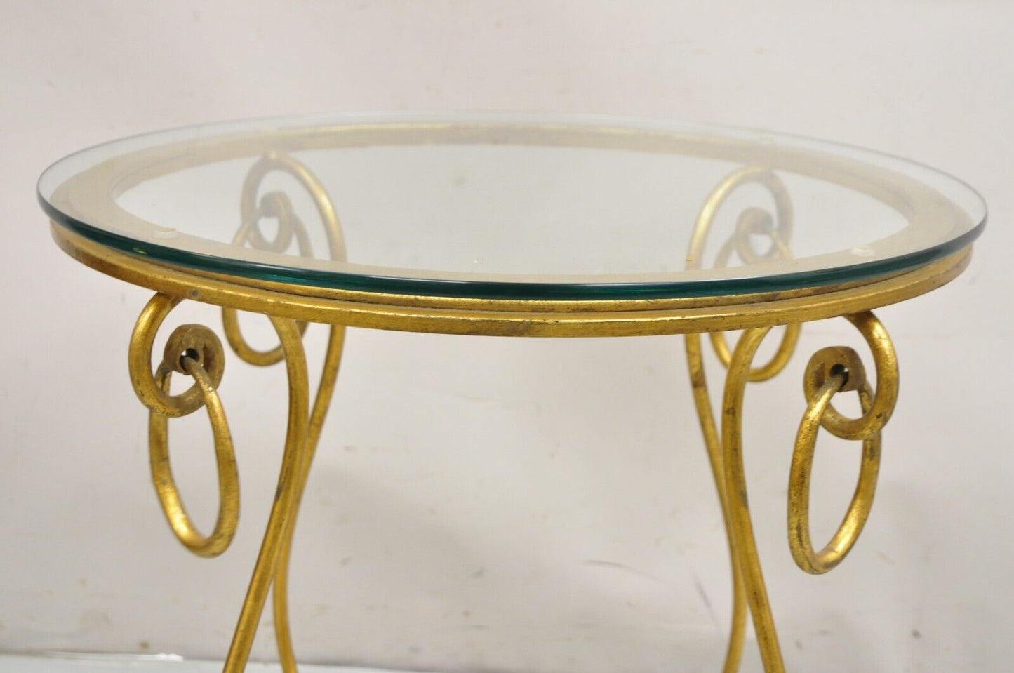 Gold Gilt French René Drouet Style Scrolling Iron Round Glass Accent Side Table