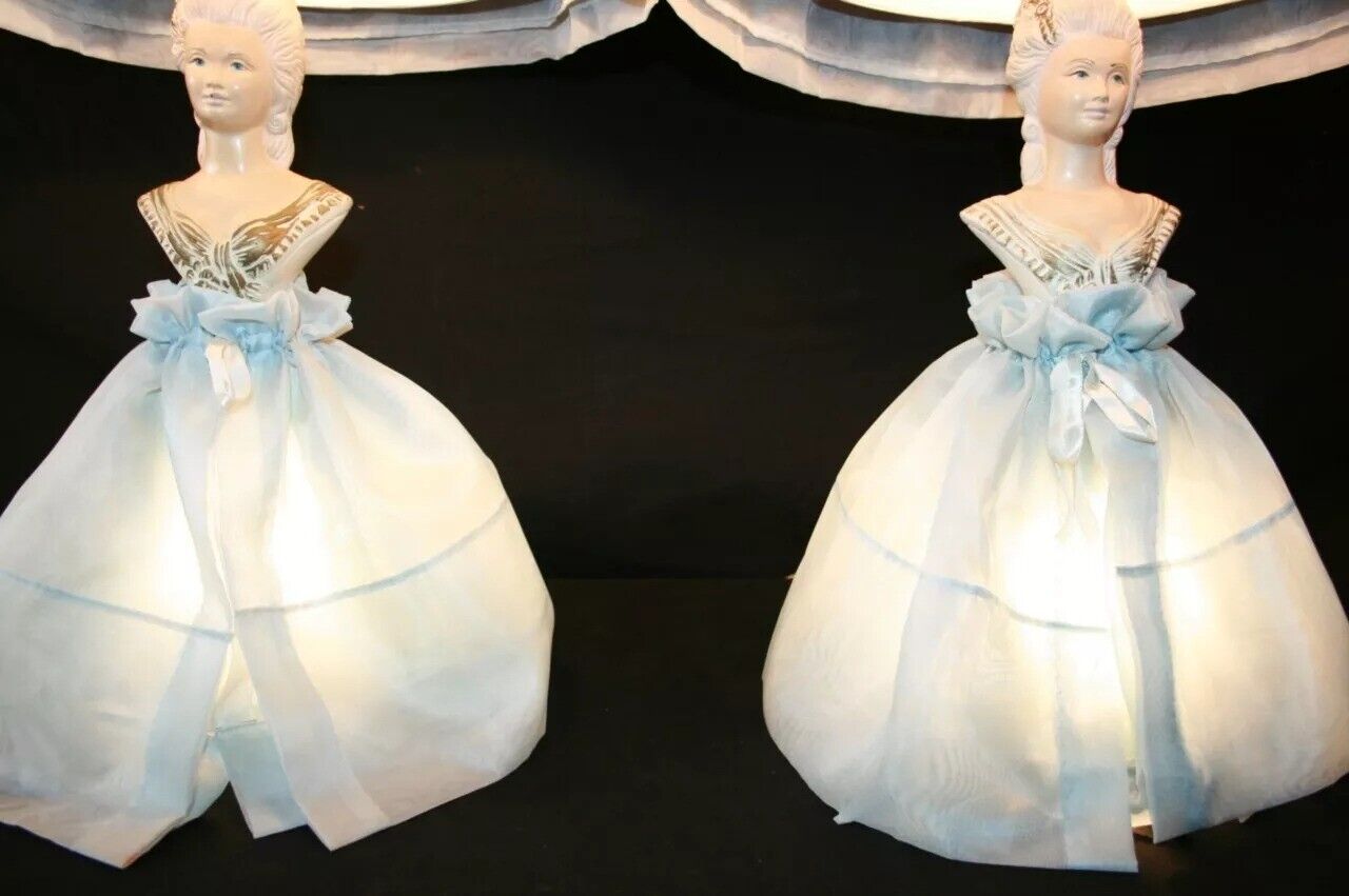 Vintage Art Deco Chalkware Lady Bust in Dress Figural Table Lamps P004 - a Pair